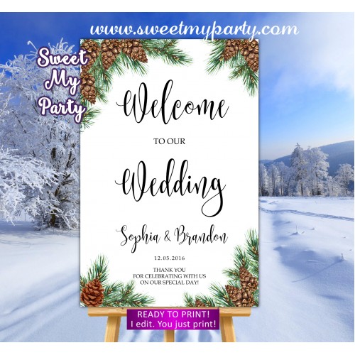 Pine cone Wedding Welcome Sign,Winter Wedding Welcome sign,(119w)